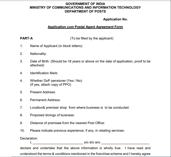 India Post office franchise scheme application